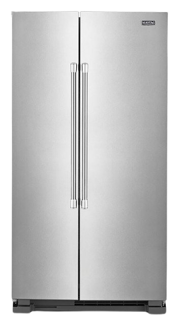 a close-up of a silver Maytag refrigerator