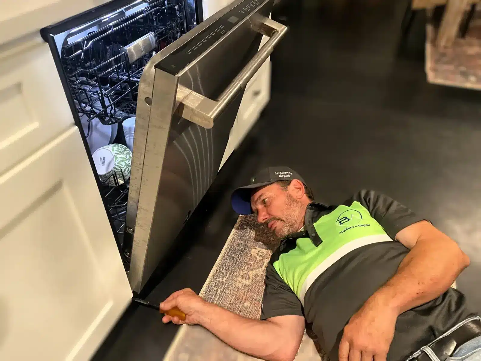 BA Appliance Repair technician removing a dishwasher panel