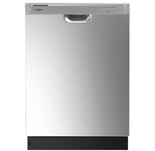 a silver Whirlpool dishwasher with a black background